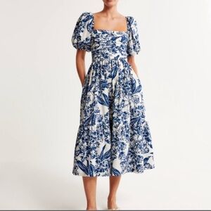 ABERCROMBIE Emerson Poplin Puff Sleeve Midi Dress White floral/blue Sz M